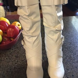 Forever white calf length boots w/ buckle accents.